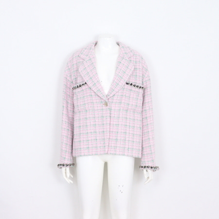 [미사용]Chanel(샤넬) P70531 21시즌 핑크 그린 트위드 체인 장식 여성자켓aa21851