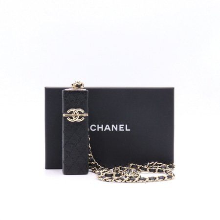 [미사용]Chanel(샤넬) AP2192 블랙 캐비어 립스틱 도장 케이스 금장체인 목걸이aa22032