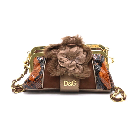 Dolce&amp;Gabbana(돌체앤가바나) 브라운 스웨이드 플라워 파이톤 디테일 파우치 금장체인 크로스백aa35945