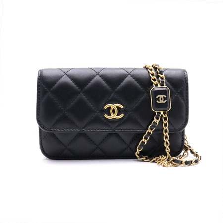 Chanel(샤넬) 블랙 퀄티드 램스킨 프리미에르 케이스 CC 금장 플랩 벨트백 크로스백aa38128